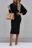 Momentlover Elegant Solid Patchwork Fold O Neck Waist Skirt Dresses
