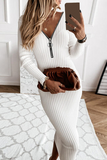 Momentlover Fashion Elegant Solid Patchwork Zipper V Neck Pencil Skirt Dresses(3 Colors)