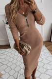 Momentlover Fashion Elegant Solid Patchwork Zipper V Neck Pencil Skirt Dresses(3 Colors)