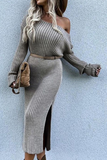 Momentlover Fashion Elegant Solid Patchwork Slit Oblique Collar Dresses Sweater (Without Belt)