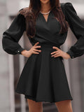Surplice Neck Lantern Sleeve Fold Pleated Dress