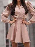 Surplice Neck Lantern Sleeve Fold Pleated Dress