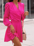 Surplice Neck Lantern Sleeve Fold Pleated Dress