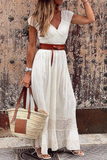 Momentlover Casual Solid Patchwork V Neck Waist Skirt Dresses