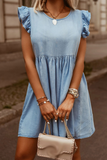 Momentlover Casual Solid Flounce O Neck Sleeveless Straight Denim Dresses
