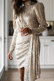 Momentlover Casual Solid Sequins Turtleneck Pencil Skirt Dresses