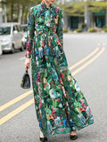 Momentlover Zipper Flower Print Elasticity Bowknot Loose Long Sleeves Round-neck Maxi Dresses