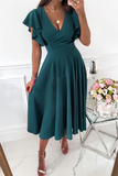 Momentlover Casual Solid Flounce V Neck Cake Skirt Dresses(3 Colors)
