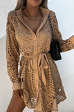 Momentlover Casual Solid Lace Turndown Collar Waist Skirt Dresses(3 Colors)