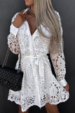 Momentlover Casual Solid Lace Turndown Collar Waist Skirt Dresses(3 Colors)