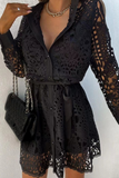 Momentlover Casual Solid Lace Turndown Collar Waist Skirt Dresses(3 Colors)