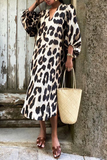 Momentlover Casual Leopard Split Joint V Neck Straight Dresses
