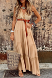 Momentlover Casual Solid Patchwork V Neck Cake Skirt Dresses