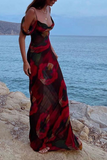 Momentlover Fashion Print Patchwork Spaghetti Strap Trumpet Mermaid Dresses