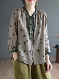 Momentlover Lace-Up Floral Printed Loose Long Sleeves Round-Neck Blouses&Shirts Tops