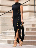 Momentlover Loose Sleeveless Solid Color Split-Side Shawl Collar Long Skirts Maxi Dresses