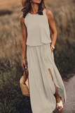 Momentlover Casual Solid Patchwork Slit O Neck Waist Skirt Dresses(8 Colors)