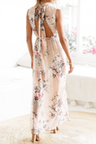 Momentlover Casual Print Backless Mesh Halter Dresses