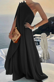 Momentlover Casual Solid Patchwork One Shoulder Straight Dresses