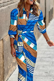 Momentlover Casual Print Patchwork Turndown Collar Waist Skirt Dresses