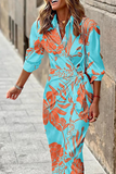 Momentlover Casual Print Patchwork Turndown Collar Waist Skirt Dresses