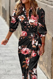 Momentlover Casual Print Patchwork Turndown Collar Waist Skirt Dresses