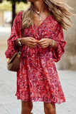 Momentlover Casual Print Patchwork V Neck Cake Skirt Dresses