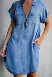 Momentlover Casual Solid Patchwork Turndown Collar Short Sleeve Straight Denim Dresses