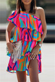 Momentlover Fashion Casual Print Patchwork Backless Oblique Collar Sleeveless Dress Dresses