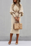 Momentlover Elegant Solid Patchwork Fold O Neck Waist Skirt Dresses
