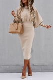 Momentlover Elegant Solid Patchwork Fold O Neck Waist Skirt Dresses
