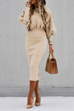 Momentlover Elegant Solid Patchwork Fold O Neck Waist Skirt Dresses
