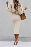 Momentlover Elegant Solid Patchwork Fold O Neck Waist Skirt Dresses