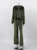 Momentlover Solid Color Hooded Long Sleeves Velvet Zipper Sweatshirt Top + Drawstring Elasticity Pockets Pants Bottom Two Pieces Set