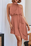 Momentlover Celebrities Elegant Solid Asymmetrical Halter Irregular Dress Dresses