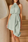 Momentlover Celebrities Elegant Solid Asymmetrical Halter Irregular Dress Dresses