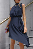 Momentlover Celebrities Elegant Solid Asymmetrical Halter Irregular Dress Dresses