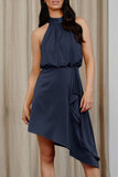 Momentlover Celebrities Elegant Solid Asymmetrical Halter Irregular Dress Dresses