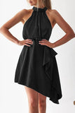 Momentlover Celebrities Elegant Solid Asymmetrical Halter Irregular Dress Dresses