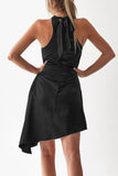 Momentlover Celebrities Elegant Solid Asymmetrical Halter Irregular Dress Dresses