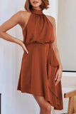 Momentlover Celebrities Elegant Solid Asymmetrical Halter Irregular Dress Dresses