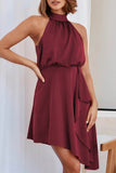 Momentlover Celebrities Elegant Solid Asymmetrical Halter Irregular Dress Dresses