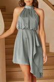 Momentlover Celebrities Elegant Solid Asymmetrical Halter Irregular Dress Dresses