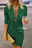 Momentlover Celebrities Elegant Solid Fold V Neck A Line Dresses