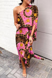 Momentlover Plus Size Casual Vacation Print Patchwork Oblique Collar Irregular Dress Dresses