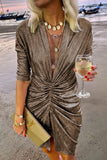 Momentlover Celebrities Elegant Solid Fold V Neck A Line Dresses