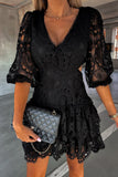 Momentlover Elegant Solid Hollowed Out V Neck Waist Skirt Dresses