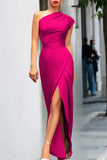 Momentlover Elegant Formal Solid Slit Asymmetrical Oblique Collar Evening Dress Dresses(8 Colors)