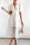 Momentlover Sweet Elegant Solid Mesh V Neck Princess Dresses