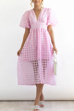 Momentlover Sweet Elegant Solid Mesh V Neck Princess Dresses